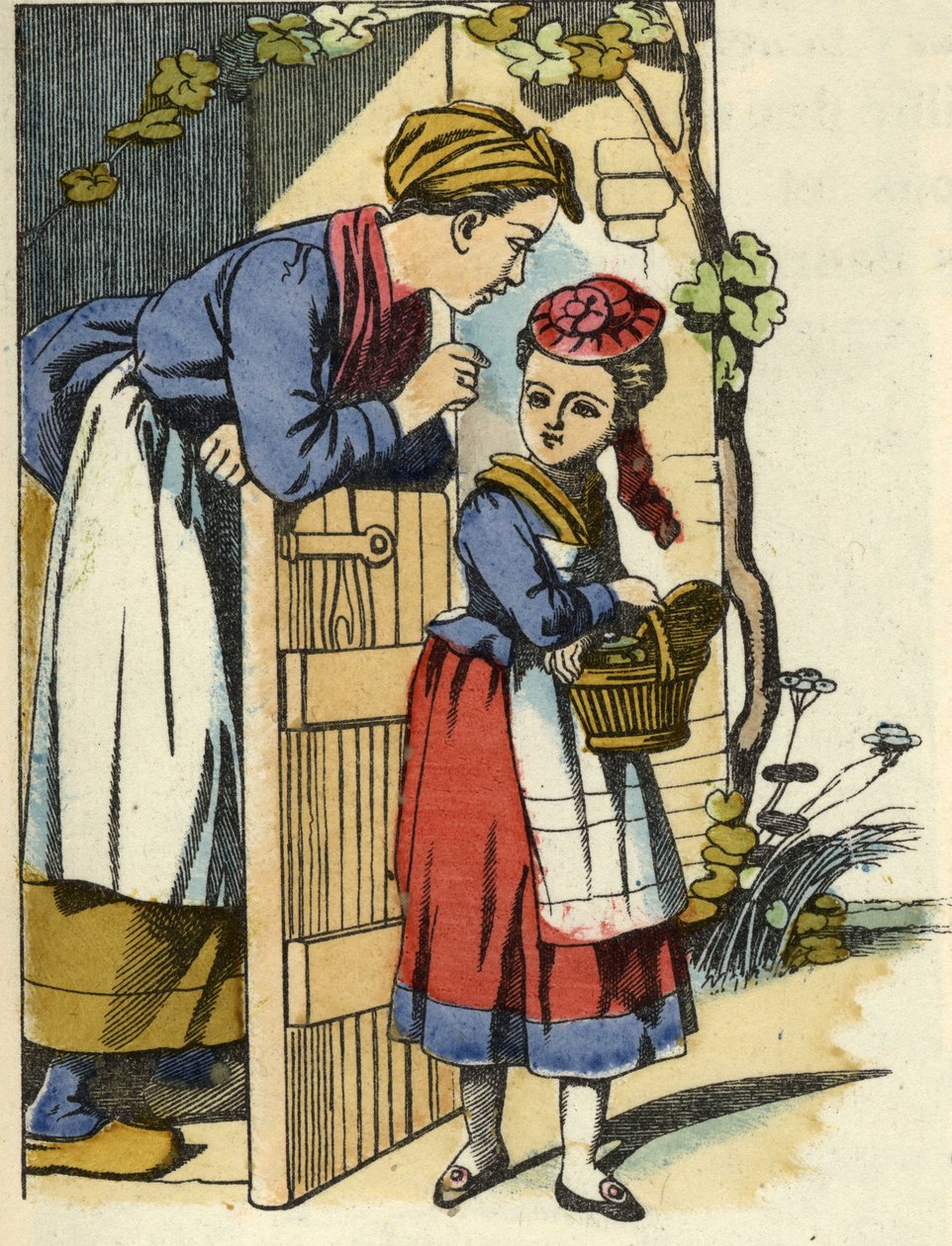 Rödluvans mamma ger sina sista rekommendationer för att åka till mormoderns hus. Illustration av berättelsen "Rödluvan" av Charles Perrault av Unknown artist