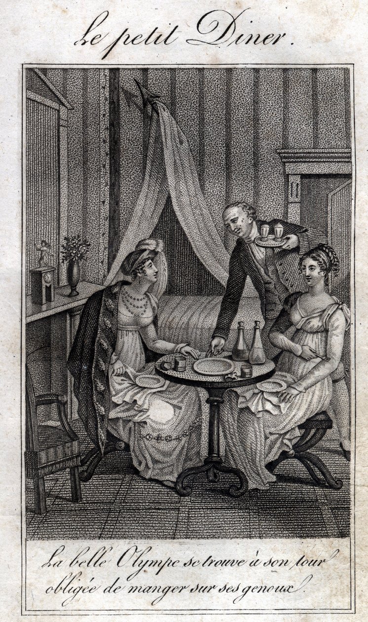 Liten middag. Olympe de Gouges (1748-1793), fransk kvinna av bokstäver och revolutionär med Celine en av hennes vänner. av Unknown artist