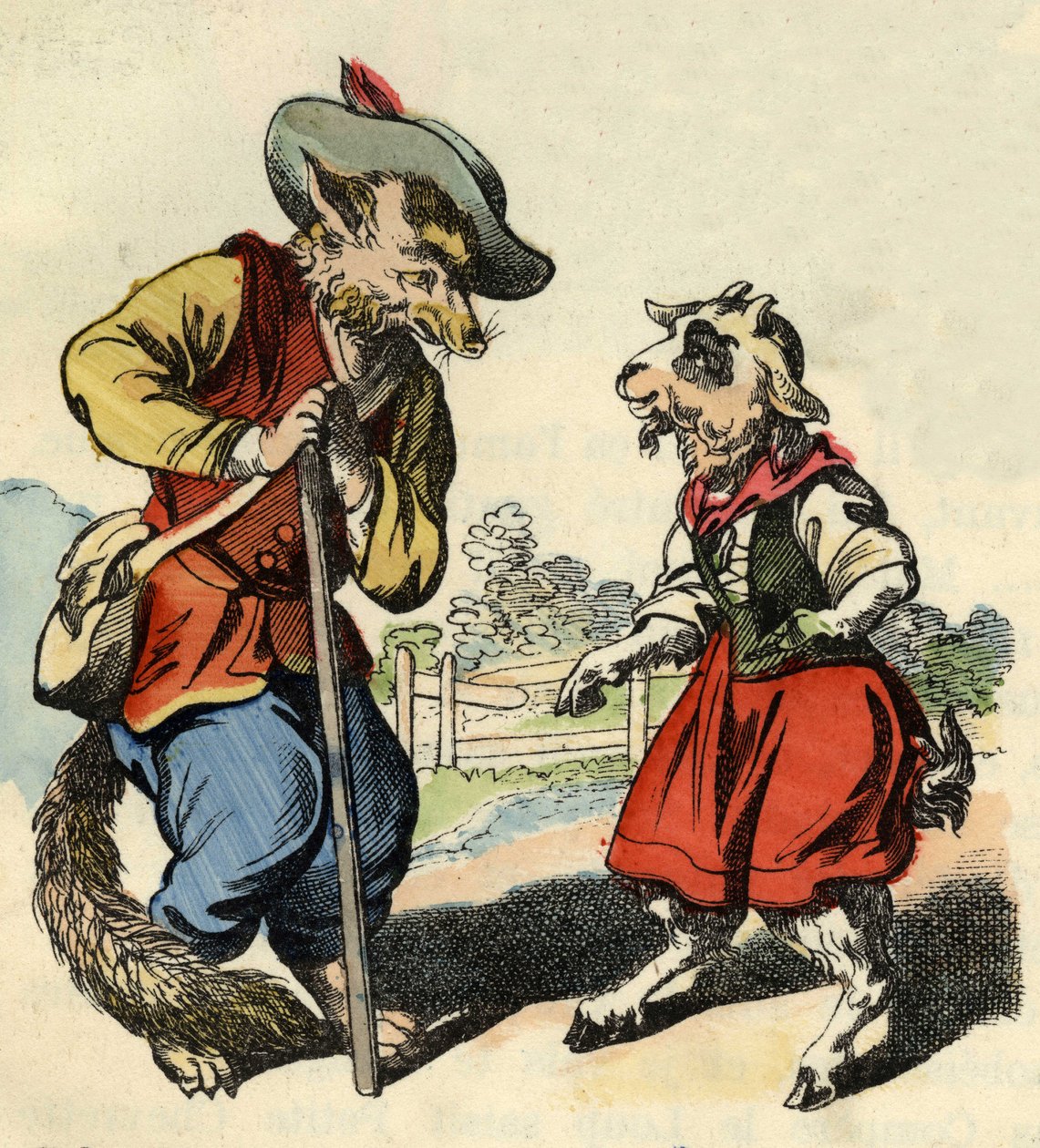 Litet barn pratar med Master Fox. Illustration av berättelsen "Bon medor och lilla Chevrette". I "" Sagor från hemmet för de minsta"". Anonym gravyr från 1800-talet. av Unknown artist