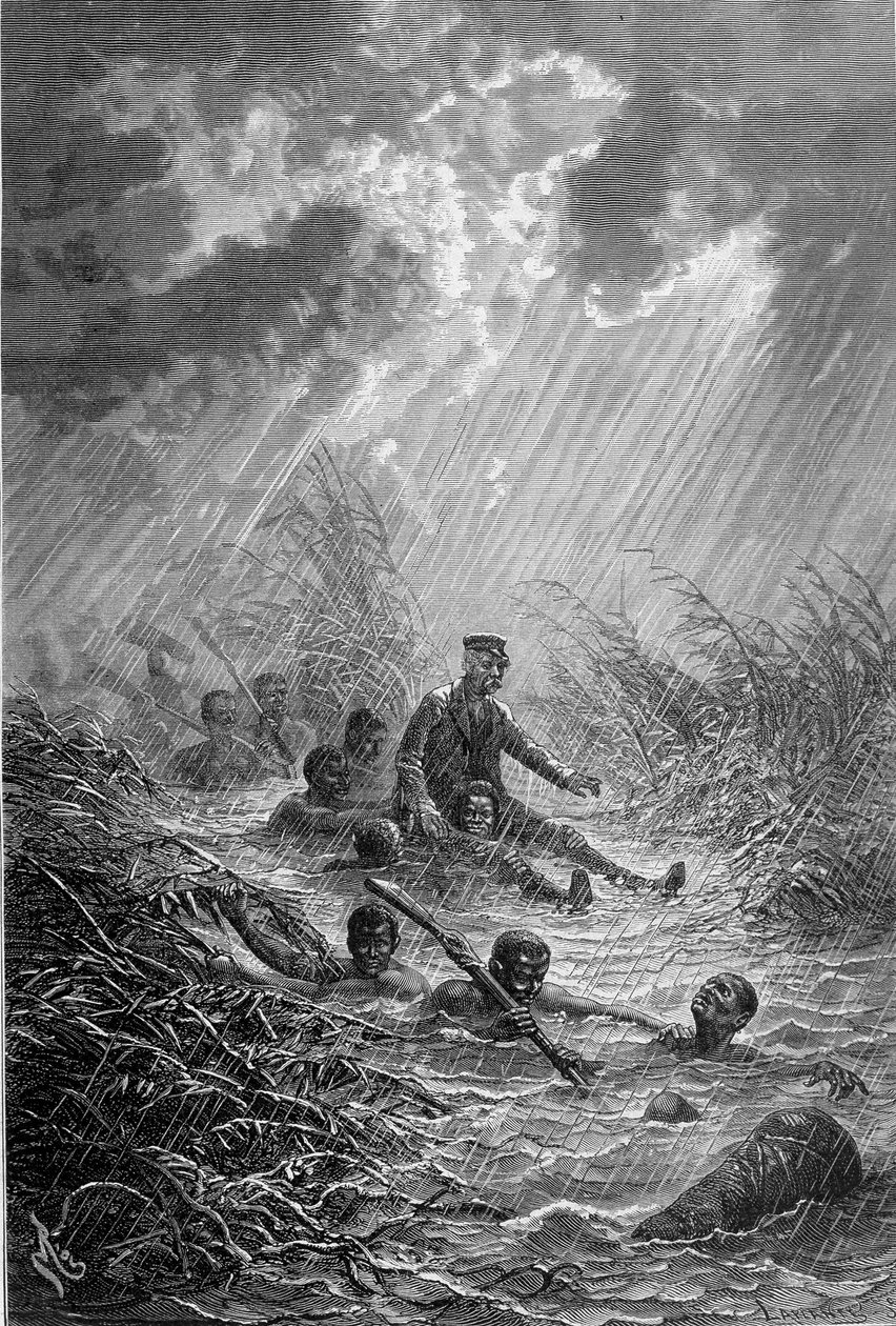 Livingstone och hans män korsar ett vattendrag - "" Livingstones sista resa 1866-1873"" i "" Tour du Monde"", 2:a sem. 1875 av Unknown artist
