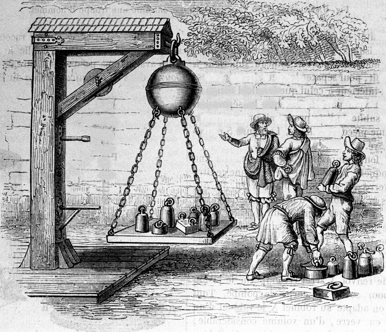 Laddar Magdeburgska halvklot upphängda för att beräkna atmosfärstryck - i "Ottonis de Guericke: Experimenta Nova Magdeburgica de vacuo spatio"" av Otto von Guericke (Otto de Guericke av Unknown artist