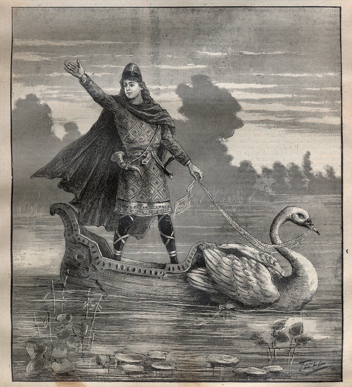Lohengrin in i en gondol tecknad av en svan, scen av operan "Lohengrin"" av Richard Wagner (1813-1883) - Gravyr i "" La Science francaise"" av Unknown artist