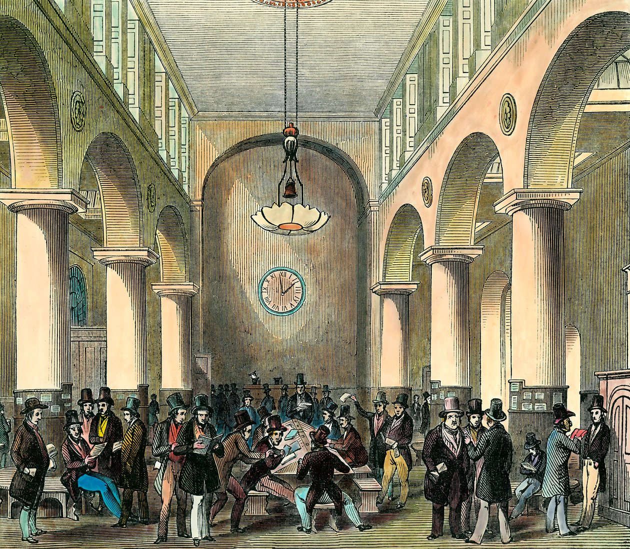 London Stock Exchange: Börs i London på 1800-talet. Gravyr. Privat samling. av Unknown artist