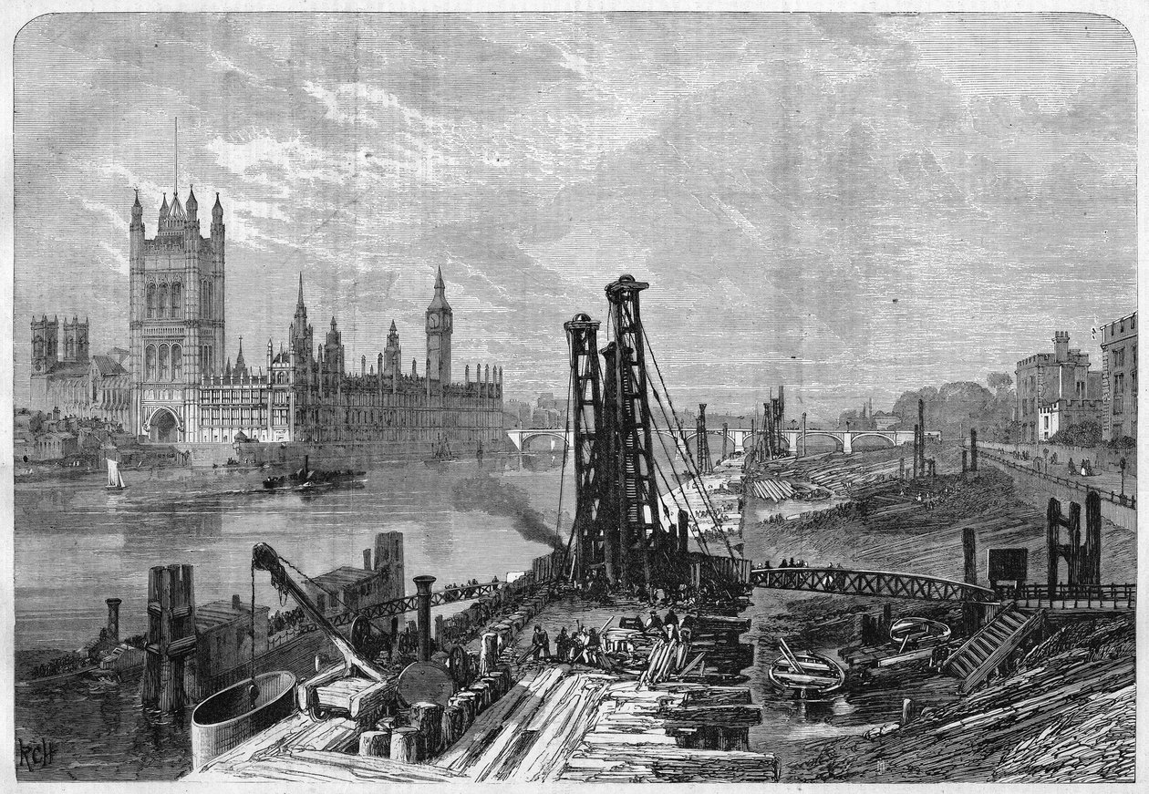London, byggande av hamnar på Themsens södra strand, mitt emot den administrativa staden Westminster på norra stranden. I “” L