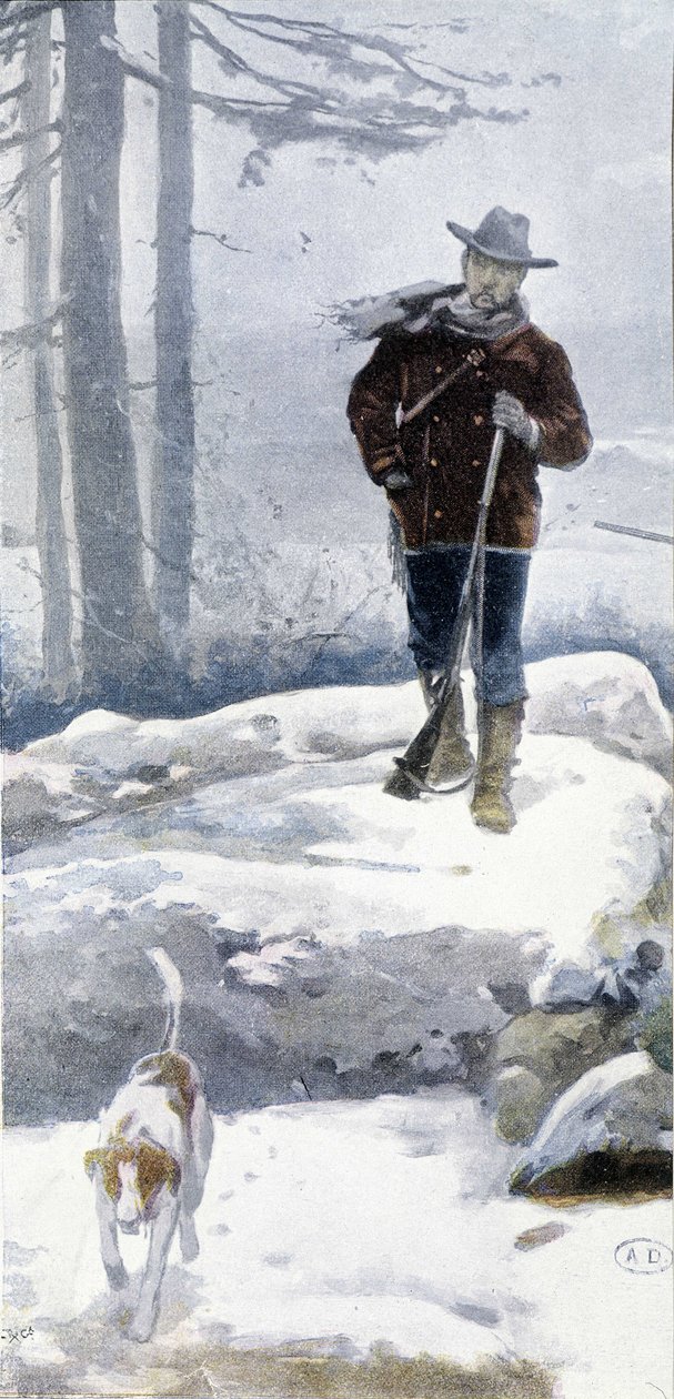 Ensam jägare med hund i ett snöigt landskap, sent 1800-tal av Unknown artist