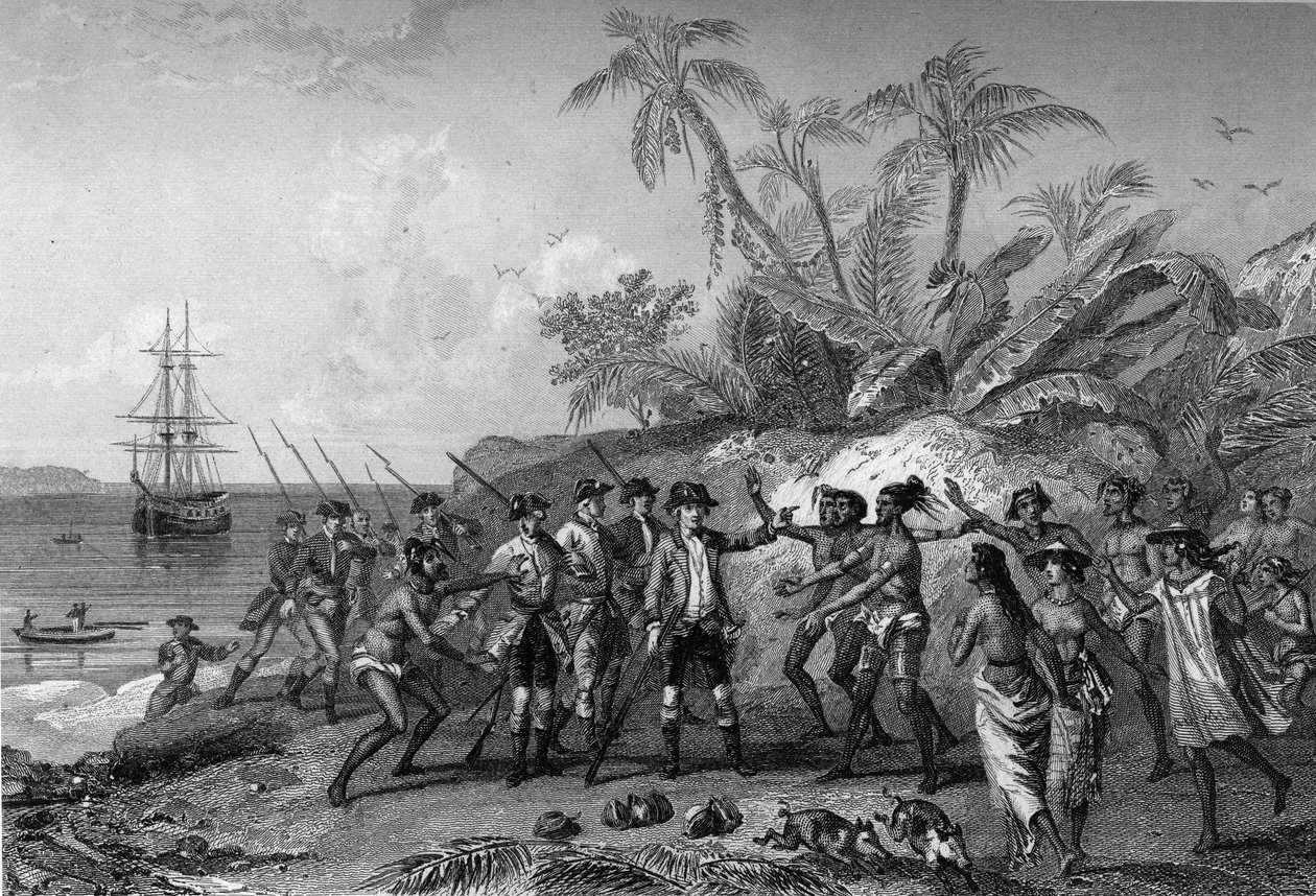 Louis Antoine Comte de Bougainville, fransk navigatör (1729-1811), närmar sig markisernas öar på Tahiti, 6 april av Unknown artist