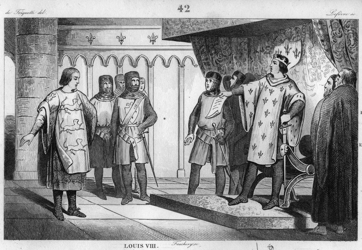 Ludvig VIII (1187-1226) Lejonet tar emot ett sändebud från sin fiende Henrik III (1207-72) av England - Ludvig VIII dit "" Le Lion" (1187-1226), kapeternas dynasti, svarar med stolthet och ömhet till ett sändebud för kungen av England Henry III - Gravyr av av Unknown artist