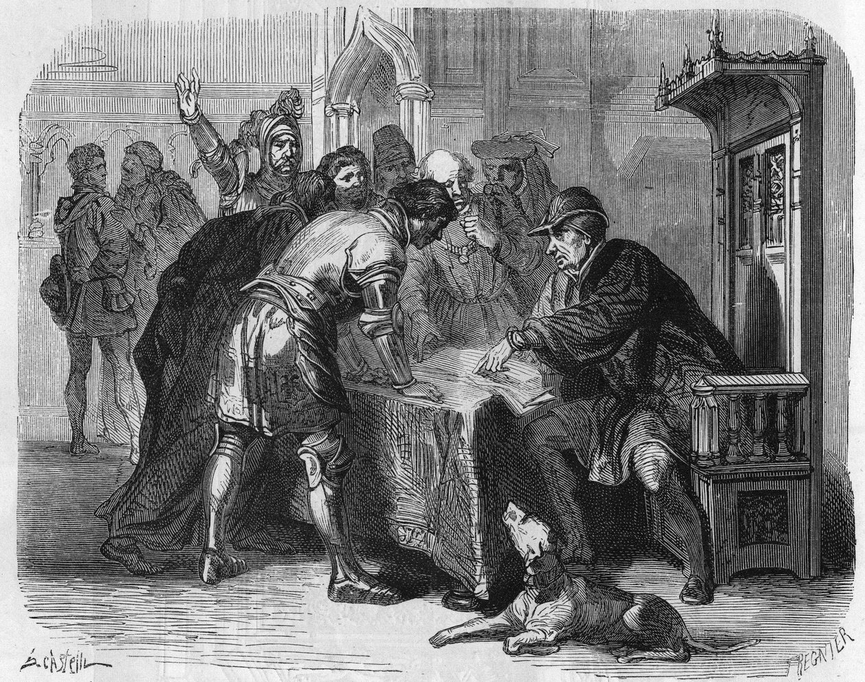 Ludvig XI, kung av Frankrike, får veta om Karl Temeraires död den 7 januari 1477. Gravyr från 1800-talet. av Unknown artist