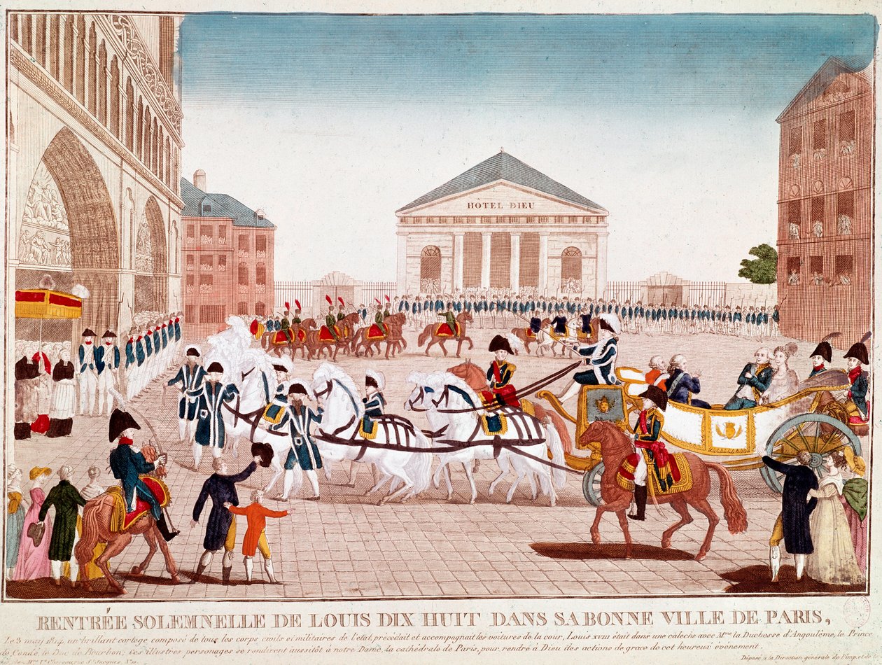 Ludvig XVIII anländer till Notre Dame, Paris, 3 maj 1814 (gravyr) av Unknown artist
