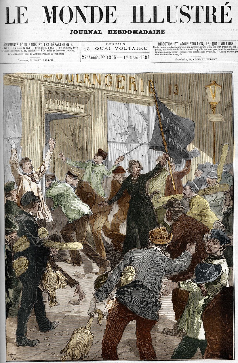 Louise Michel (1833-1905), en fransk revolutionär, viftade med en svart flagga inskriven "bröd eller död", under plundringen av ett bageri under arbetardemonstrationen den 9 mars 1883 i Paris. av Unknown artist