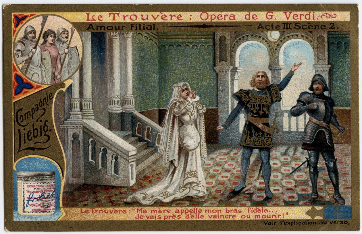 Kärleksakt III scen 2.Illustration till operan "" The found"" (Il trovatore) av Giuseppe Verdi (1813-1901). Kromolitografi (Chromo) Liebig från slutet av 1800-talet. av Unknown artist
