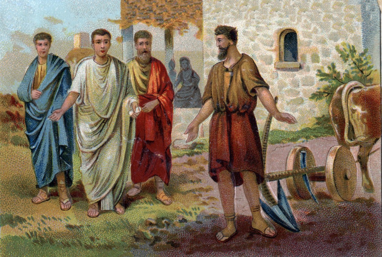 Lucius Quinctius Cincinnatus (v.520/v.430 f.Kr.), romersk konsul, ägnade sig åt jordbruksuppgifter när senatorerna (det romerska rikets senat) kom för att tigga honom att acceptera det högsta befälet och bli Roms diktator 458 f.Kr. Kromolitografi runt av Unknown artist