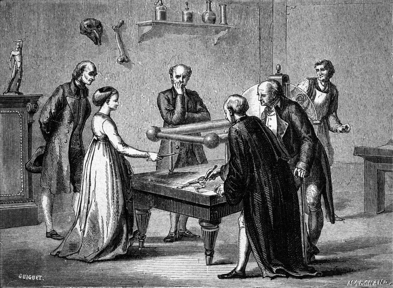 Luigi Galvani, professor i Bologna, upptäckte 1780 grodmusklernas irritabilitet genom elektricitet. Gravyr av 1800-talet. av Unknown artist