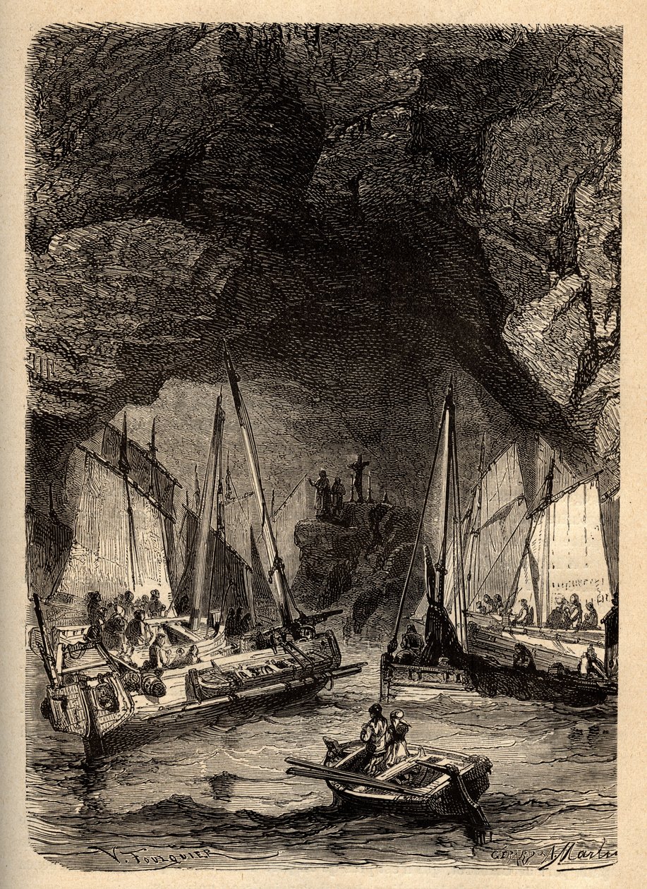 MORGATS GROTTOR - Marine Caves of Morgat - Finistere - Bretagne - gravyr i "" PATRIE" - BESKRIVNING PECTURESSE DE LA FRANCE EN 6 VOLYER AV LUCIEN HUARD - slutet av 1800-talet av Unknown artist