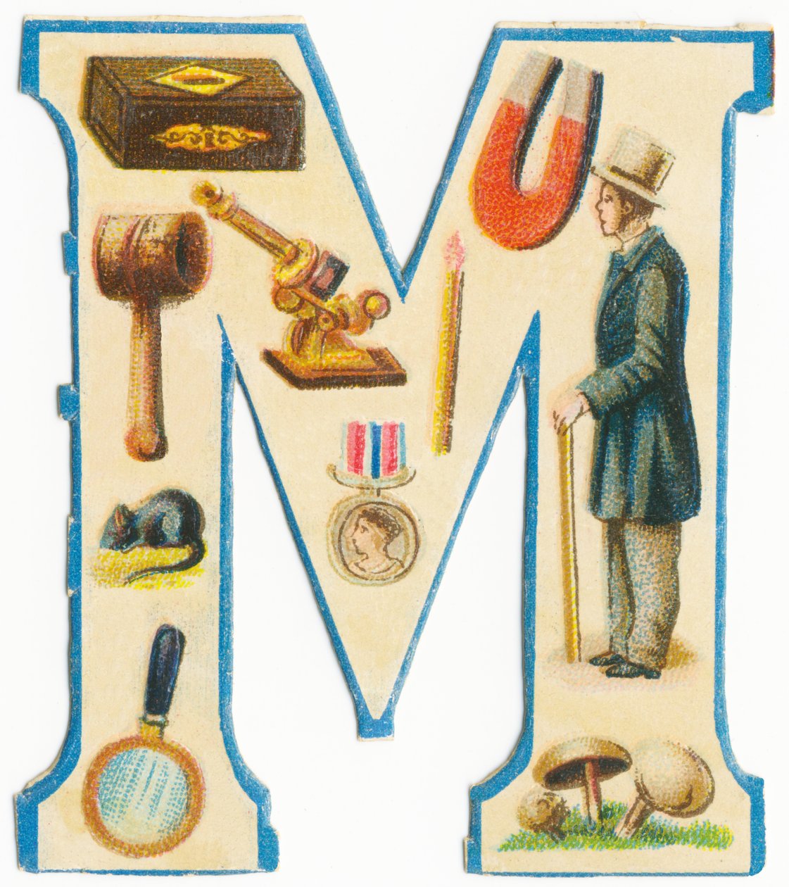 M: tändstickor, magnet, klubba, mikroskop, mus, medalj, man, förstoringsglas, svamp (färg litho) av Unknown artist