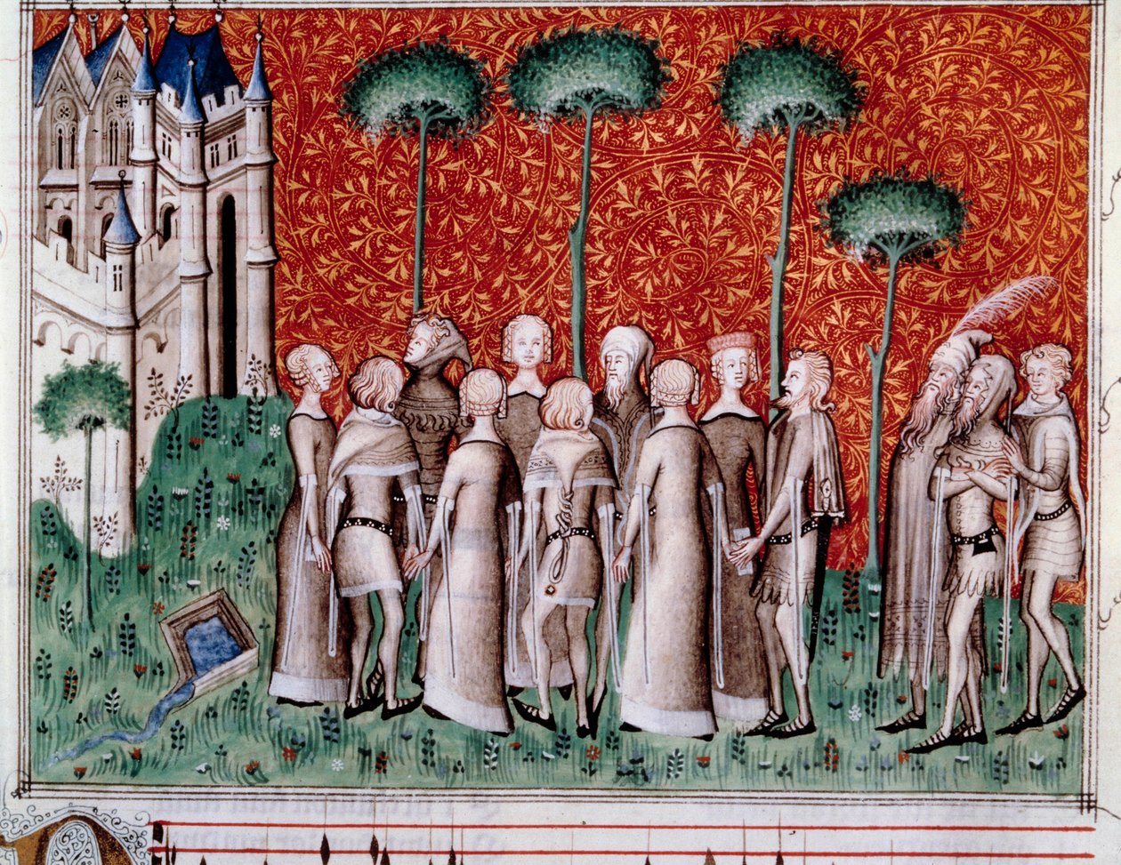 Machaut hittar sin dam. Miniatyr från ett partitur i "Remede de Fortune"" (Folio 51) av Guillaume de Machaut (v. 1300-1377), cirka 1350-1355. av Unknown artist