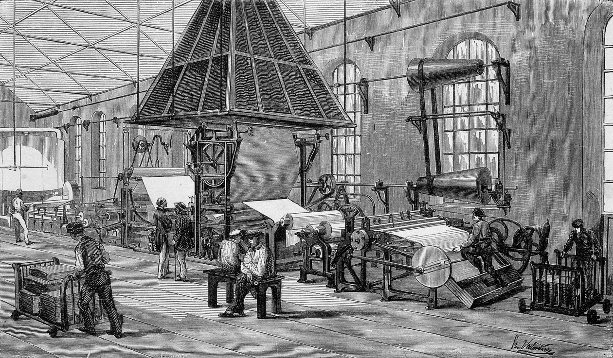 Maskin för tillverkning av löpande papper. 1800-talsgravyr. av Unknown artist