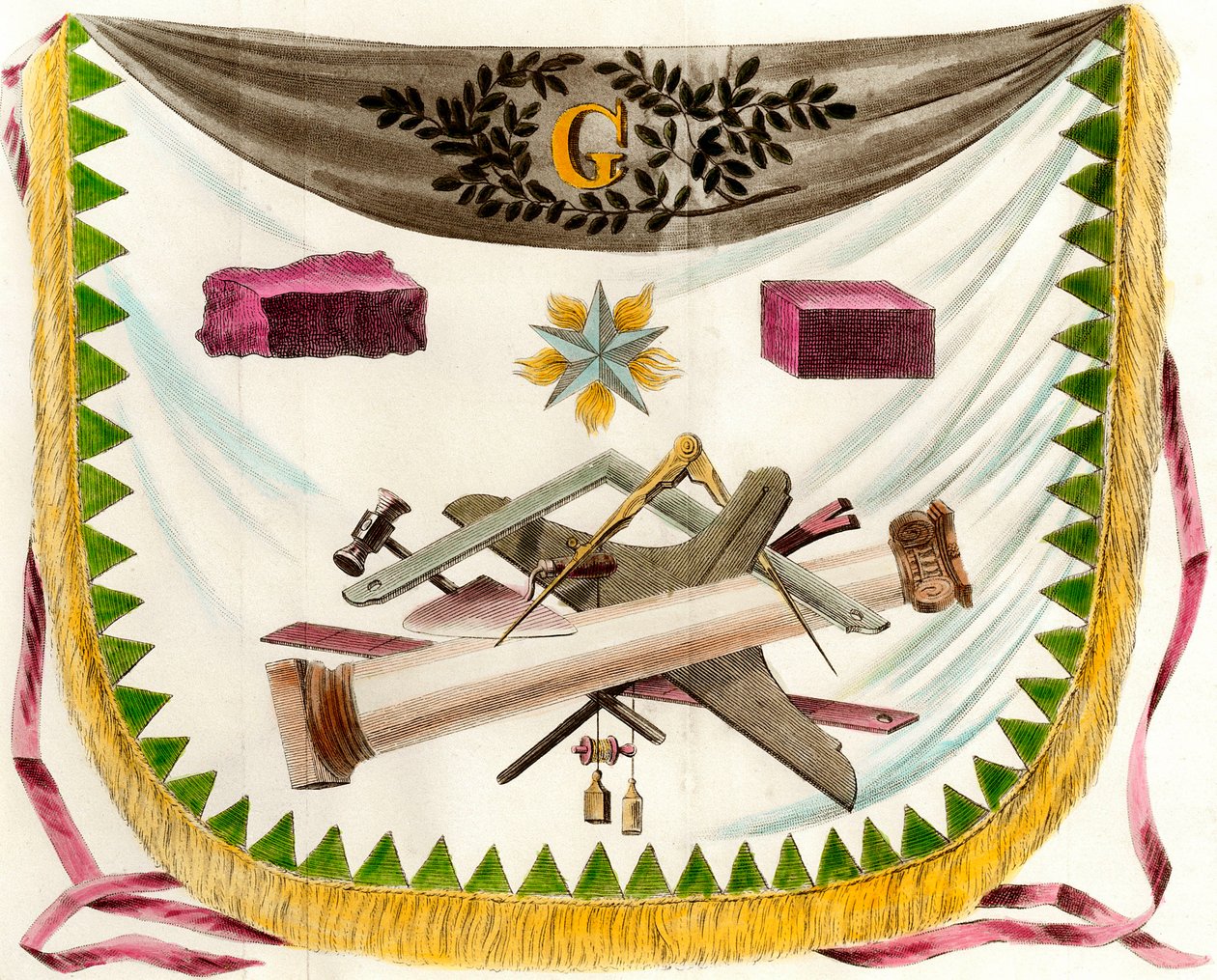 Macon franc förkläde som visar ett förkläde som dekorerar symboler för det fria solen. Gravyr av 1800-talets Privatsamling av Unknown artist