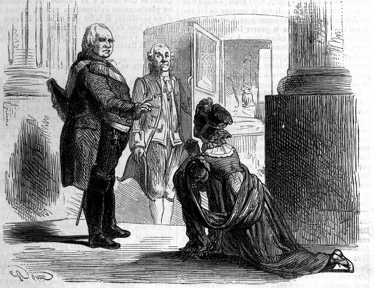 Madame grevinnan av Labedoyere på knä av Ludvig XVIII, kung av Frankrike. av Unknown artist
