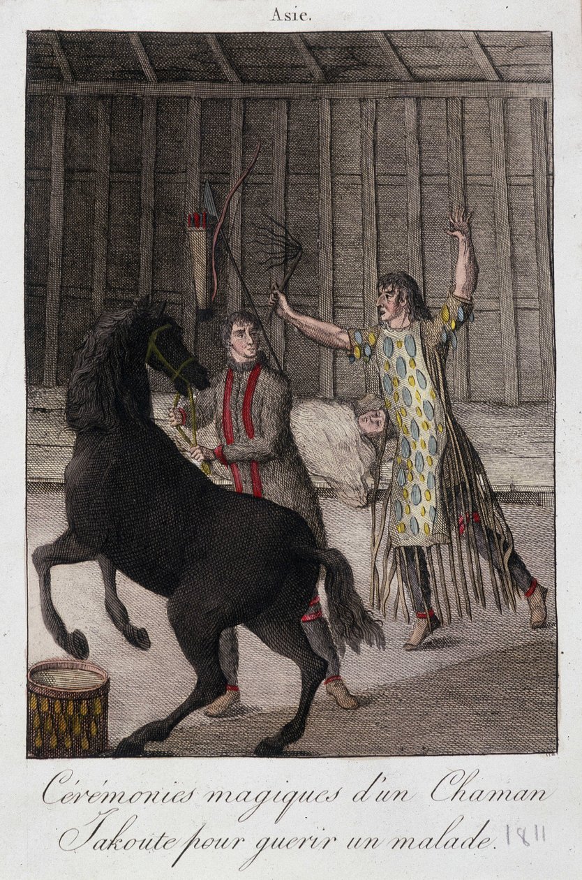 Magisk ceremoni av en shaman Yakoute (Yakoute) för att bota en sjuk (Sibirien) - gravyr, deb. 1800-talet av Unknown artist