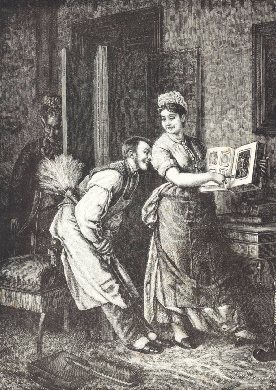 Hembiträde tar sig friheter och hörs av husets älskarinna (litho) av Unknown artist