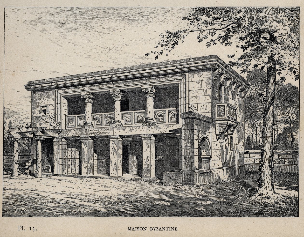 Maison Byzantine (bysantinska huset) (gravyr från 1889 i "History of human habitation at the Universal Exhibition of 1889, by Mr Charles GARNIER - Librairie centrale des beaux-arts Paris 1889 av Unknown artist