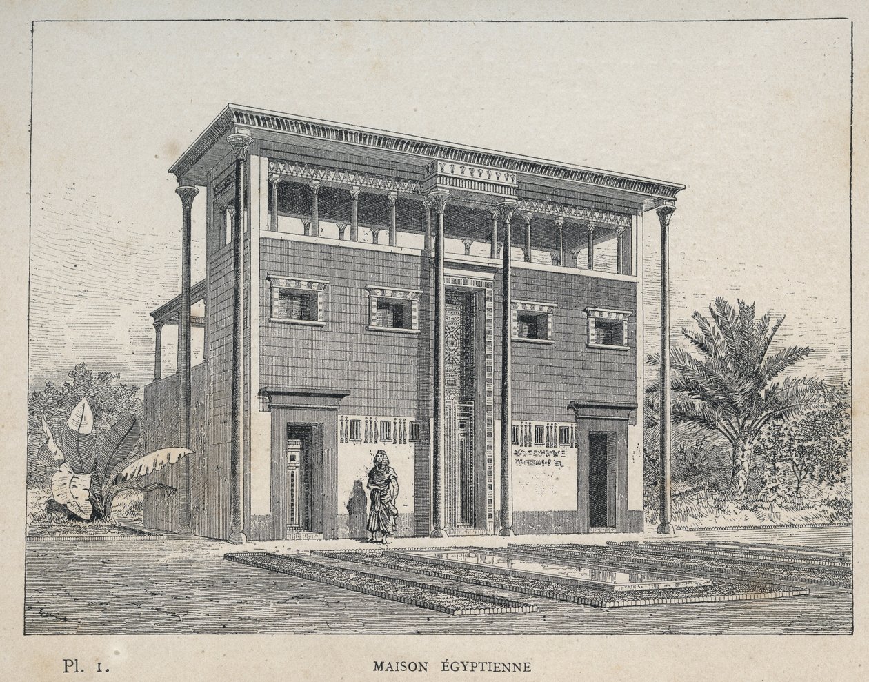 Egyptian House (Egyptian House) - gravyr från 1889 i "History of human habitation at the Universal Exhibition of 1889, by Mr Charles GARNIER - Librairie centrale des beaux-arts Paris 1889 av Unknown artist