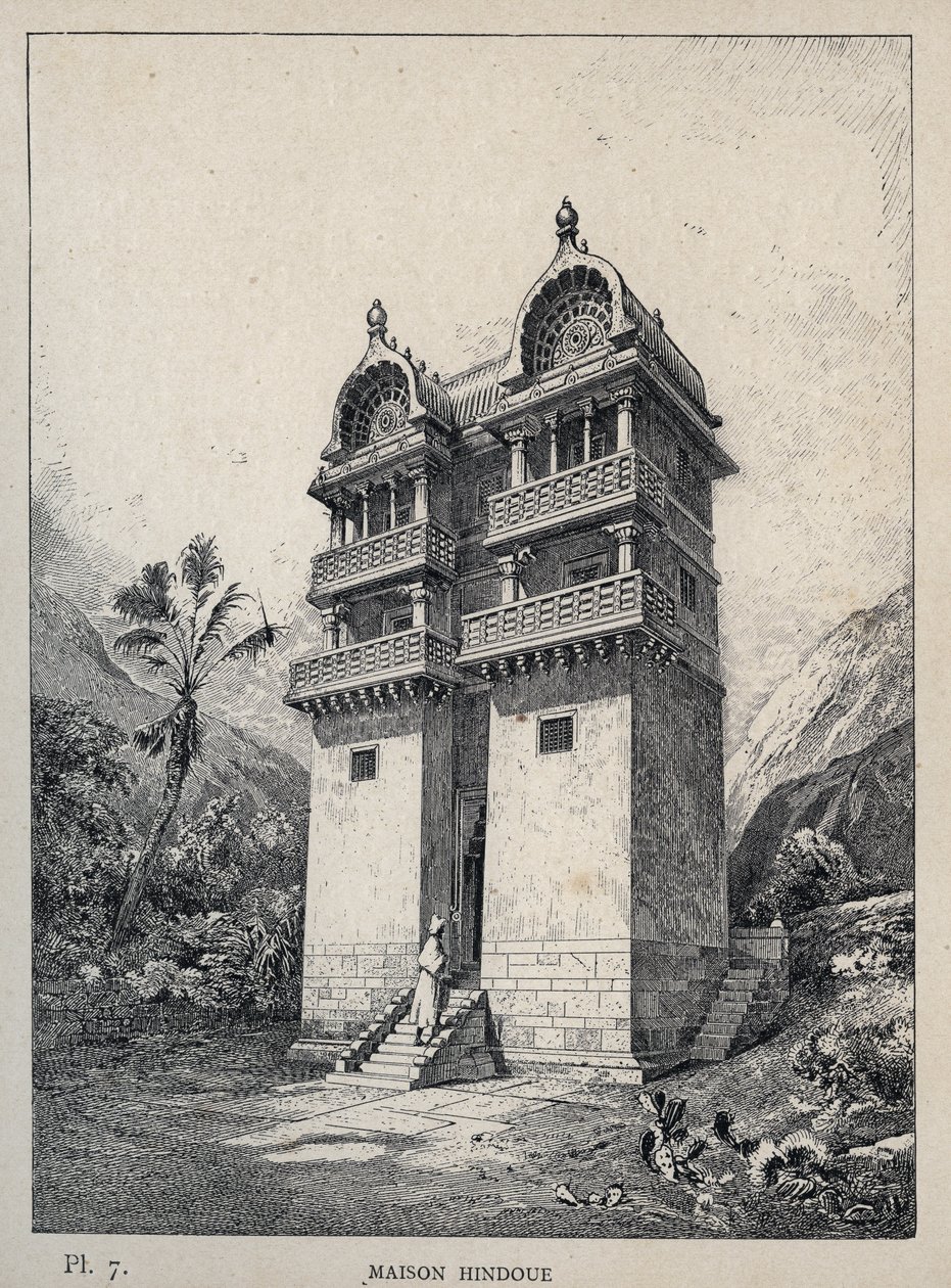 Maison Hindu (hinduiskt hus) - gravyr från 1889 i "History of human habitation at the Universal Exhibition of 1889, by Mr Charles GARNIER - Librairie centrale des beaux-arts Paris 1889 av Unknown artist