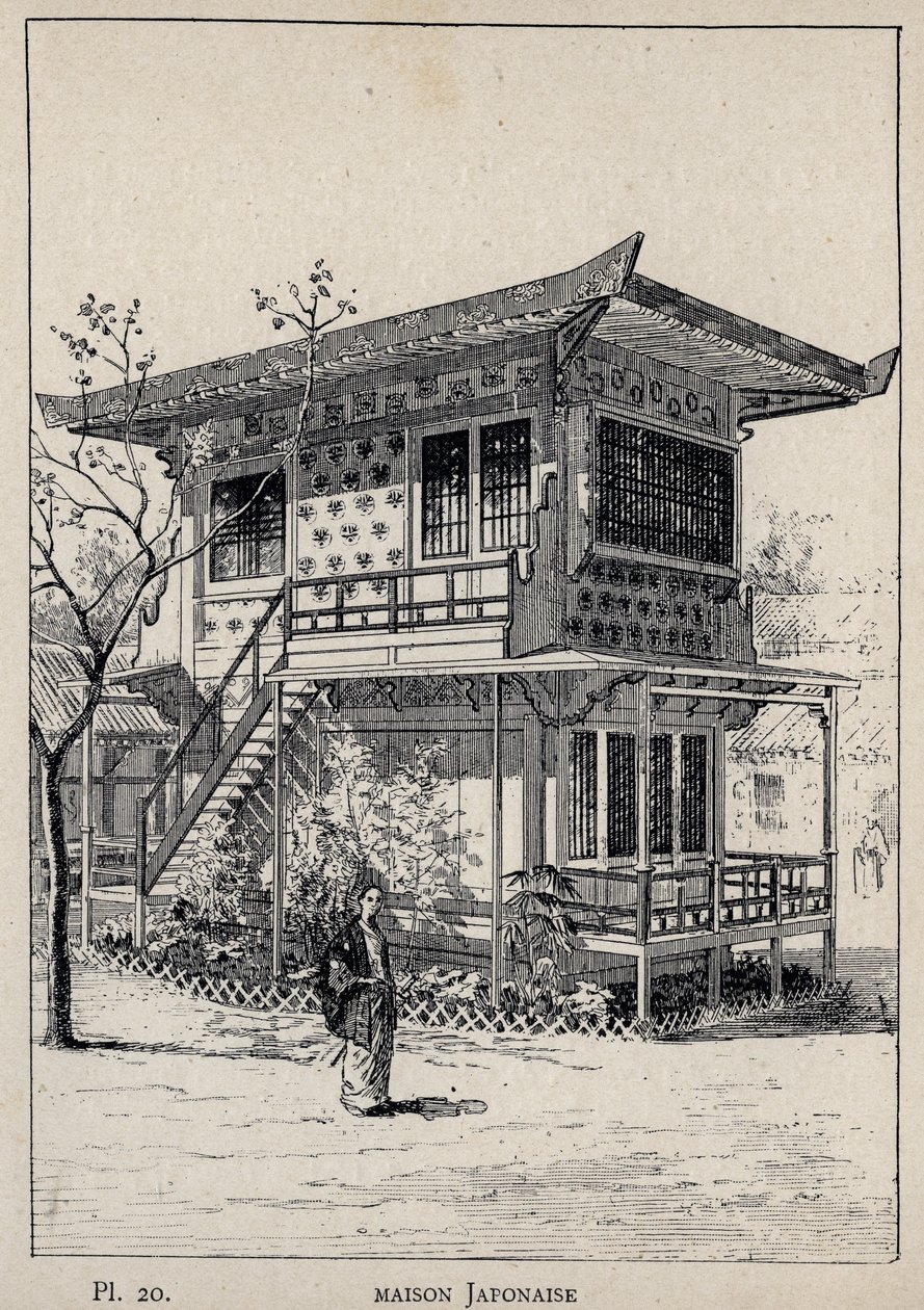 Japanskt hus (japanskt hus) - gravyr från 1889 i "History of human habitation at the Universal Exhibition of 1889, by Mr Charles GARNIER - Librairie centrale des beaux-arts Paris 1889 av Unknown artist
