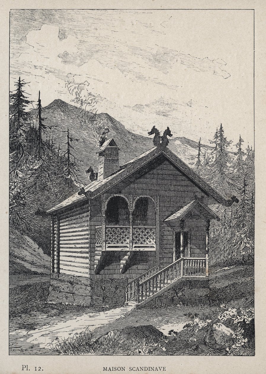 Maison Scandinavian (Scandinavian House) - gravyr från 1889 i "History of human habitation at the Universal Exhibition of 1889, by Mr Charles GARNIER - Librairie centrale des beaux-arts Paris 1889 av Unknown artist