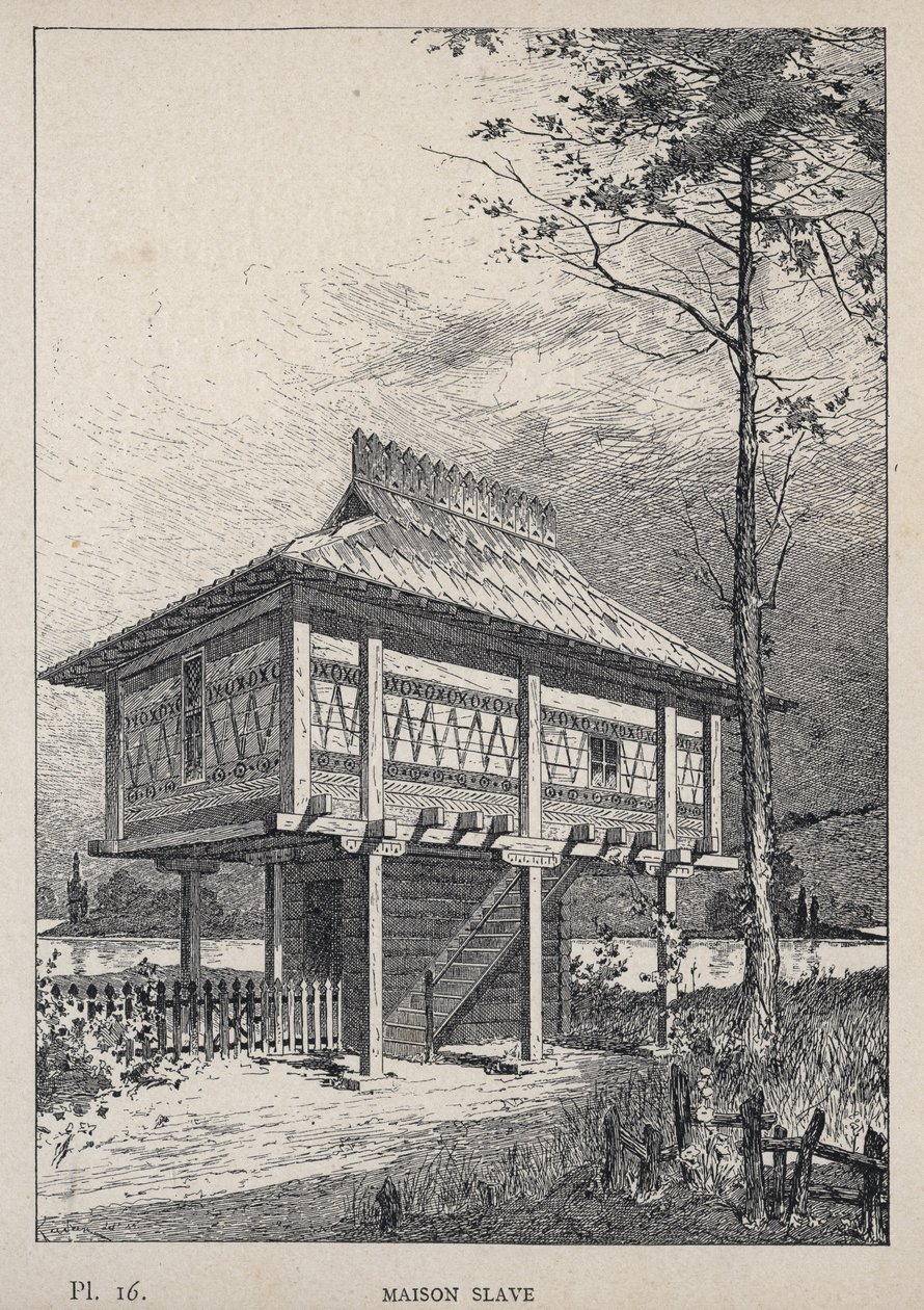 Maison Slave - gravyr från 1889 i "History of human habitation at the Universal Exhibition of 1889, by Mr Charles GARNIER - Librairie centrale des beaux-arts Paris 1889 av Unknown artist