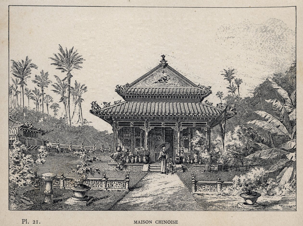 Kinesiskt hus - (kinesiskt hus) - gravyr från 1889 i "History of human habitation at the Universal Exhibition of 1889, by Mr Charles GARNIER - Librairie centrale des beaux-arts Paris 1889 av Unknown artist