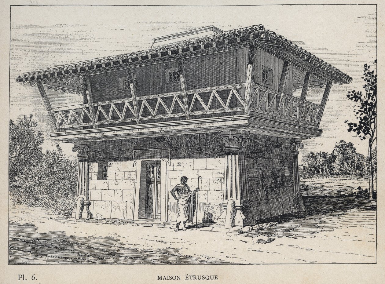 Maison etrusque (etruskiskt hus) - gravyr från 1889 i "History of human habitation at the Universal Exhibition of 1889, by Mr Charles GARNIER - Librairie centrale des beaux-arts Paris 1889 av Unknown artist
