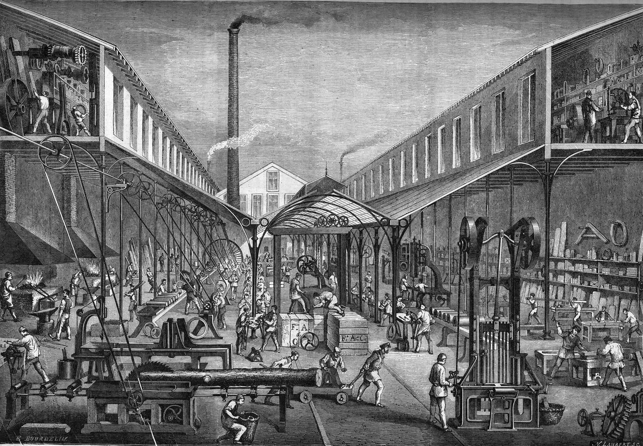Stora industrier under 1800-talet: byggverkstäder för sågverk och verktygsmaskiner, från M. arbey till Paris 1865. av Unknown artist