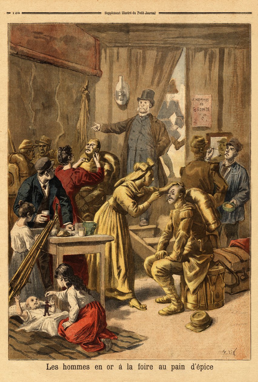 Makeup av skådespelare i en levande målning "" män i guld""" för pepparkaksmässan. Gravyr i "" Le petit journal"" 1894-04-16. Selvas samling. av Unknown artist