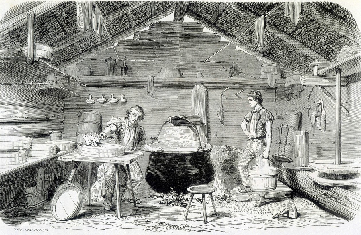 Att göra Gruyère-ost i en schweizisk chalet, eller ostfabrik i Alperna - i "" Industrins underverk"" av Louis Figuier av Unknown artist