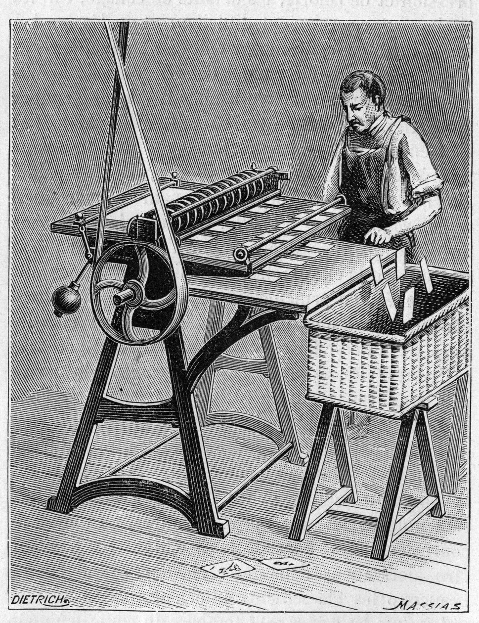 Skapa kort att spela med gamla metoder. Decoupage av spelkort. Gravyr från 1893. av Unknown artist