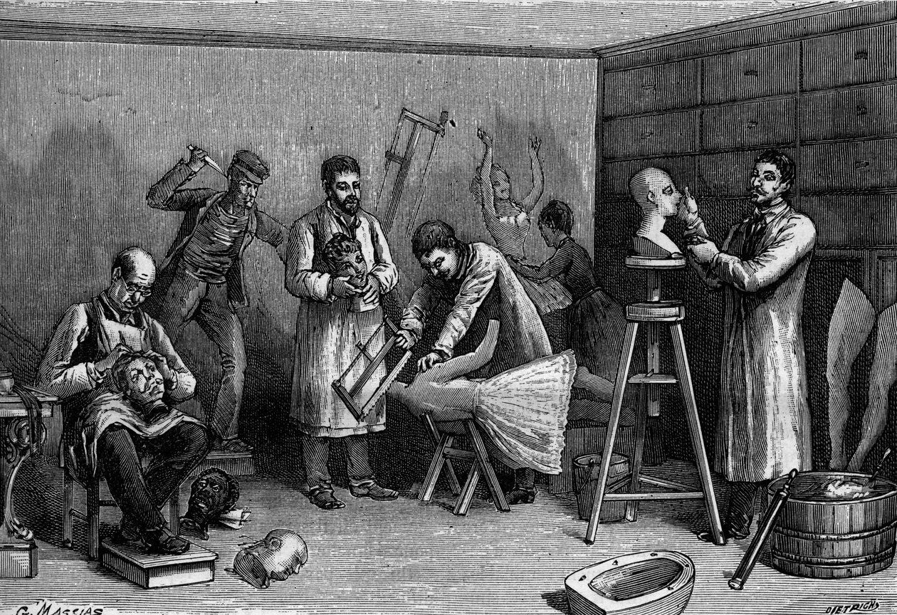 Gör vaxkaraktärer på Musee Grevin i Paris. Gravyr i "" Nature: granskning av vetenskaperna och deras tillämpningar på konst och industri "" av 21 april 1894. av Unknown artist