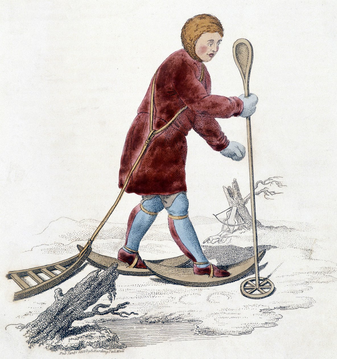 Man av Ostiak-stammen (Khanty eller Khante) (paleosibirisk jägarestam etablerad i skogsområdet i den mellersta Ob-dalen) på jakt efter hermelin. Illustration från 1803. av Unknown artist