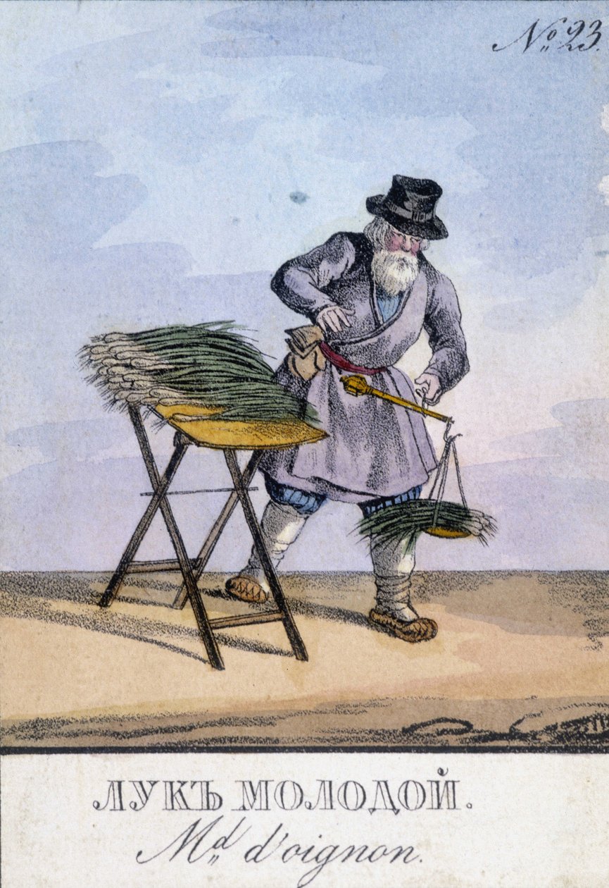Man som väger lök i en våg som hänger på hans bälte. Illustration av 1800-talet. Gravyr av 1800-talet av Unknown artist