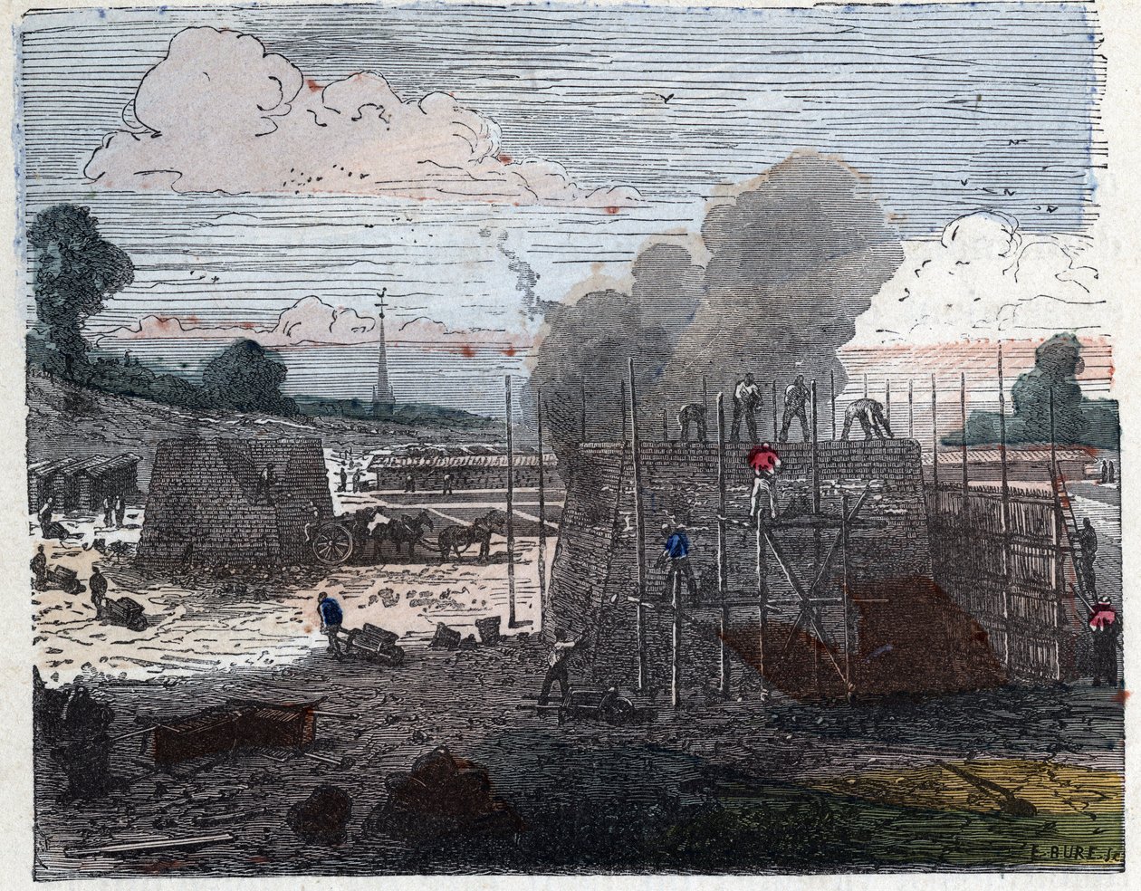 Tillverkning av en tegelsten på 1800-talet: matlagning. Tegelstenarna läggs i lager och täcks sedan med jord innan de eldas upp. Gravyr sent 1800-tal. av Unknown artist