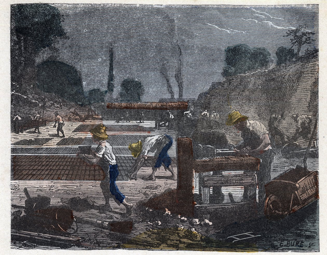 Tillverkning av en tegelsten på 1800-talet: formarbetaren fyller sin form med lerpasta, sedan lägger lärlingen tegelstenen på golvet för att torka den. Gravyr sent 1800-tal. av Unknown artist