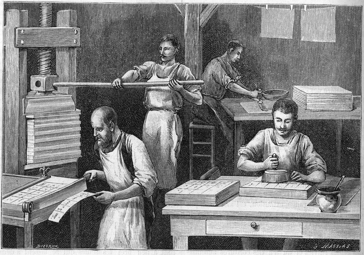 Tillverkning av kort att spela med de gamla metoderna. av Unknown artist