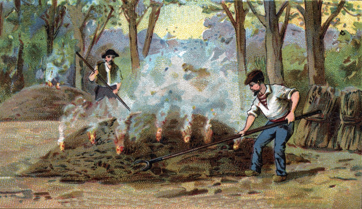Tillverkning av träkol, förbränningsugn. Kromolitografi från slutet av 1800-talet av Unknown artist
