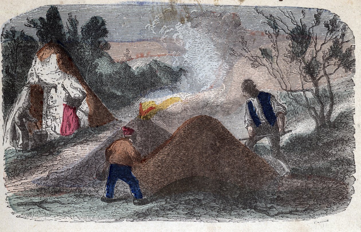 Tillverkning av träkol på 1800-talet: kolmakare framför kvarnstenar sammansatta av trä och lerbukar som de satte eld på. Gravyr sent 1800-tal. av Unknown artist
