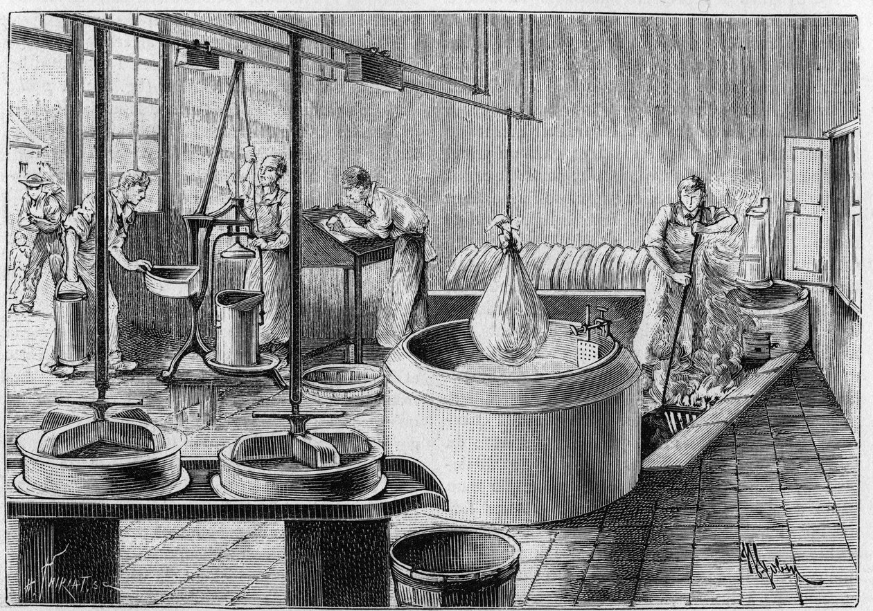 Tillverkning av gruyere: en modern ostfabrik. Gravyr i "" Nature: granskning av vetenskaperna och deras tillämpningar på konst och industri "" av 19 september 1891. av Unknown artist