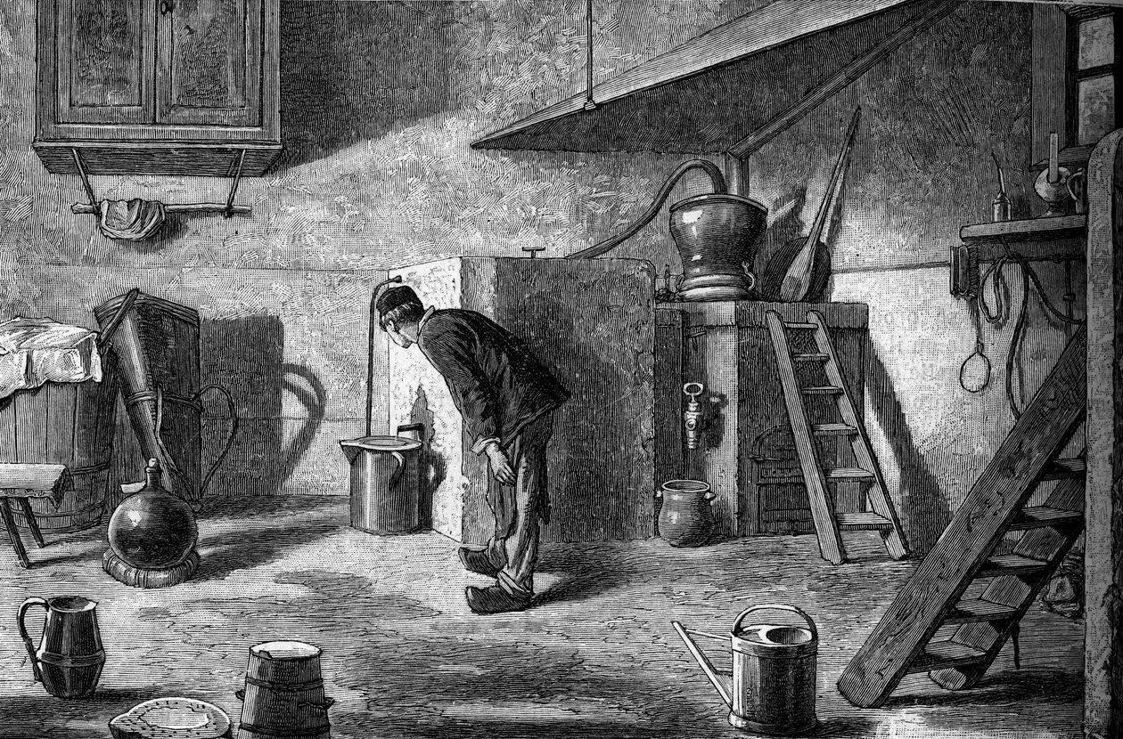 Tillverkning av kirsch: destillation, slottet Isenberg i Alsace. Gravyr i "" Le Journal de la jeunesse"" av Unknown artist