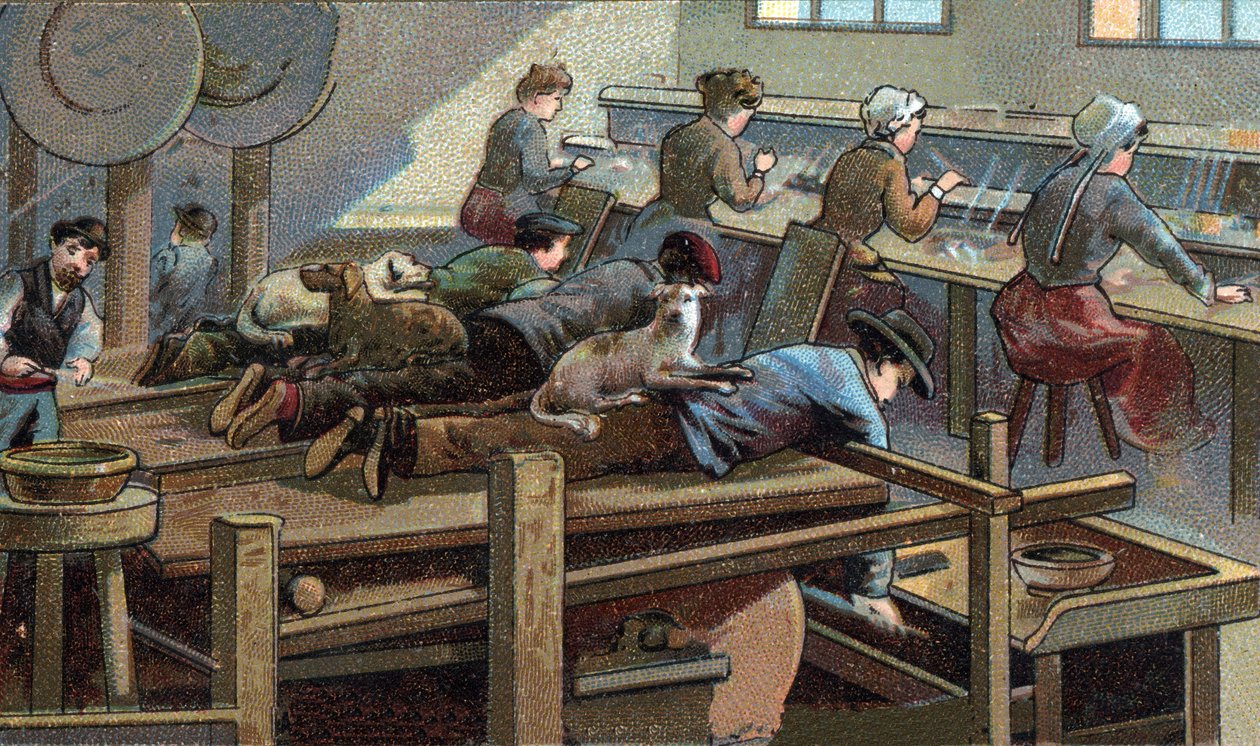 Tillverkning av knivar, formverkstad. Kromolitografi från slutet av 1800-talet av Unknown artist
