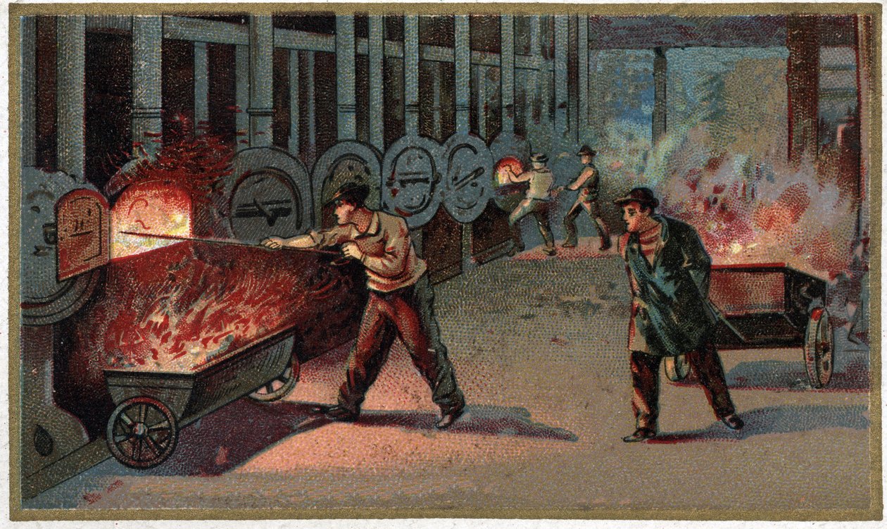 Tillverkning av belysningsgas: lastning av cornu. Kromolitografi från slutet av 1800-talet av Unknown artist