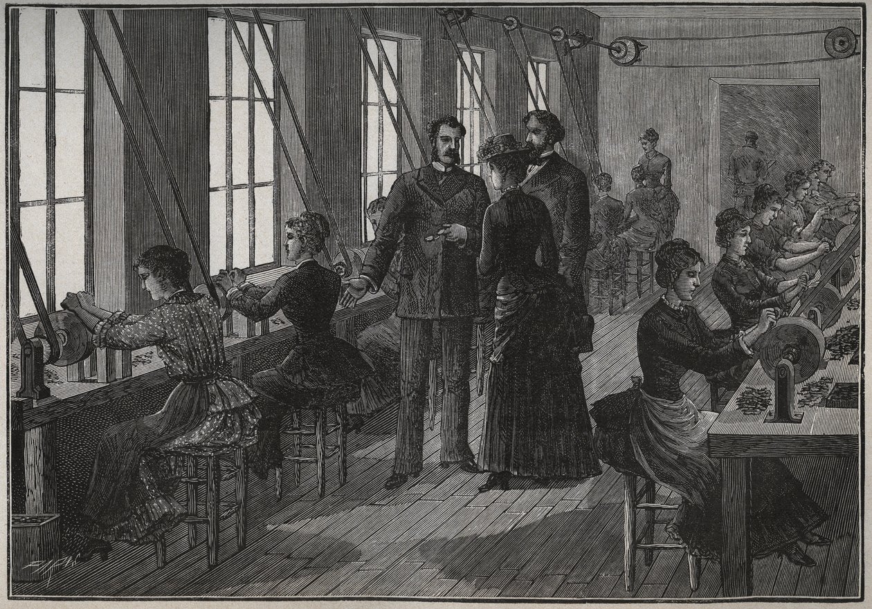 Tillverkning av metallfjädrar: slipverkstad i Frankrike på 1800-talet. Gravyr från 1885 i "" Les arts et metiers illustres"" av Adolphe BITARD. av Unknown artist